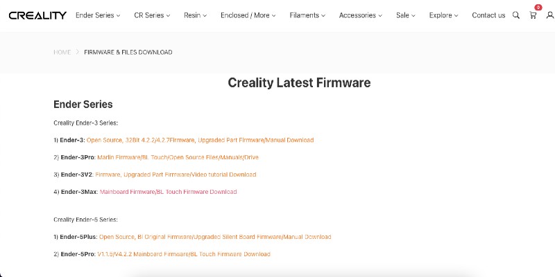 The webpage for the Official Creality Ender 3 Firmware updates