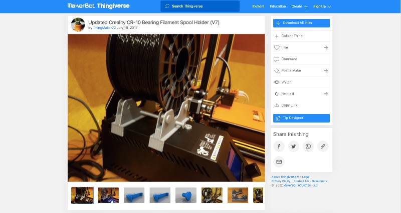 A screenshot of ThingMaker 72's bearing-fitted spool holder on Thingiverse