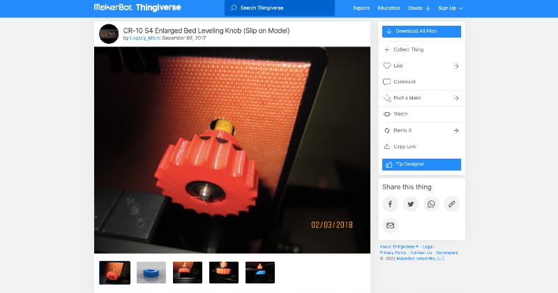 Legacy Micro's bed leveling knob blueprint from Thingiverse