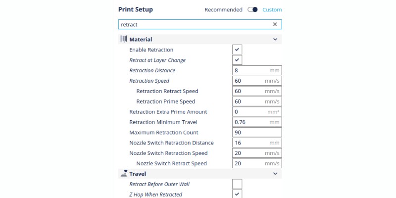 A screenshot of the retraction settings in Cura