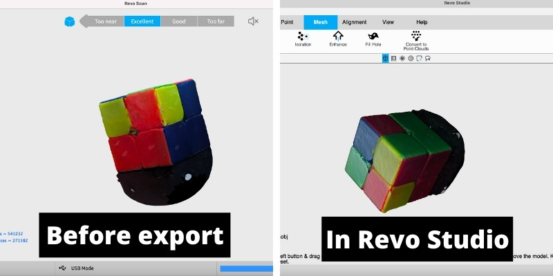 Color 3D scanning on the Revopoint 3D scanner POP 2 scanning a colored Rubik's cube