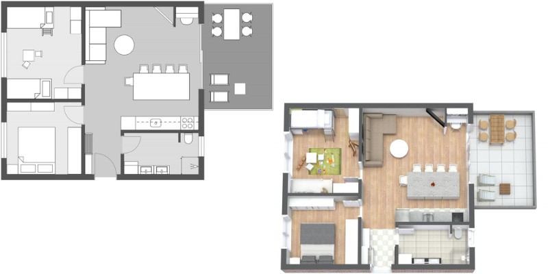 2D and 3D floor plan of a bedroom layout created in RoomSketcher