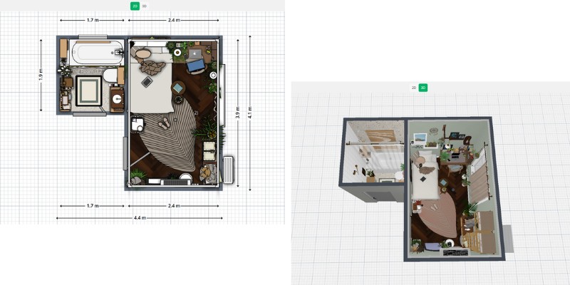 2D and 3D floor plan of a cozy bedroom-Planner5D