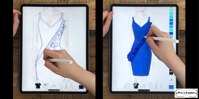 Adding ruffles and color to a basic dress in Pret-a-template app