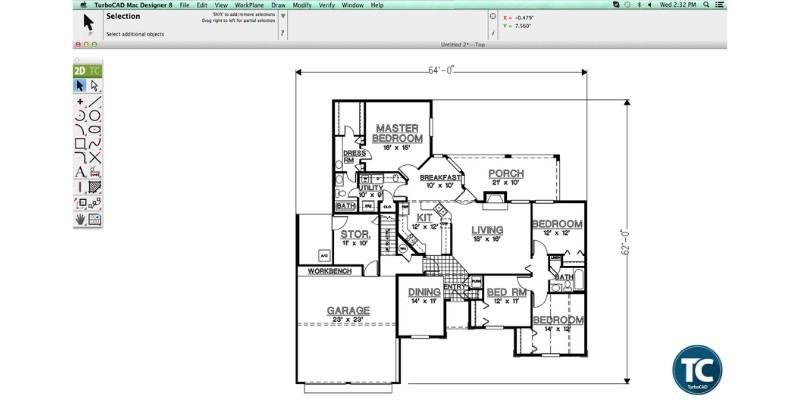 TurboCAD showing the 2D features available for Mac