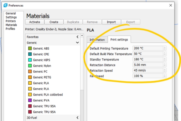 Temperature settings in Cura